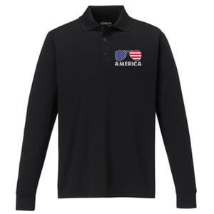 America Independence Day Funny Glasses Flag Performance Long Sleeve Polo