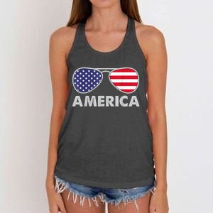 America Independence Day Funny Glasses Flag Women's Knotted Racerback Tank