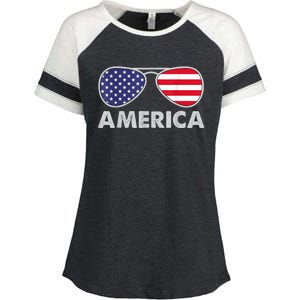 America Independence Day Funny Glasses Flag Enza Ladies Jersey Colorblock Tee