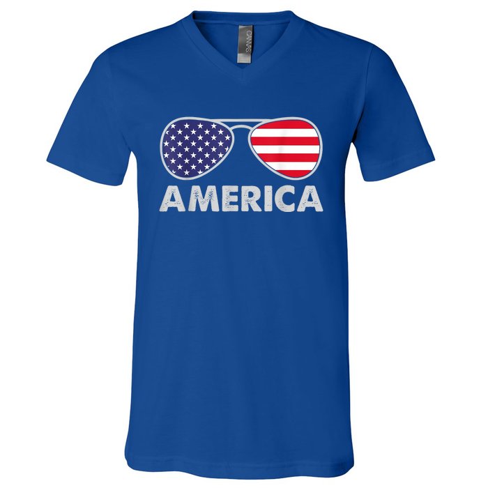 America Independence Day Funny Glasses Flag V-Neck T-Shirt