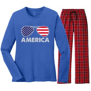 America Independence Day Funny Glasses Flag Women's Long Sleeve Flannel Pajama Set 