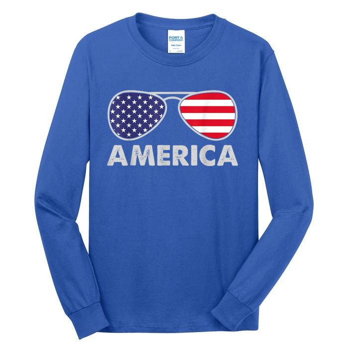 America Independence Day Funny Glasses Flag Tall Long Sleeve T-Shirt