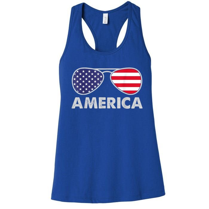 America Independence Day Funny Glasses Flag Women's Racerback Tank