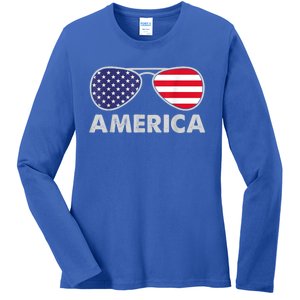 America Independence Day Funny Glasses Flag Ladies Long Sleeve Shirt