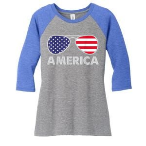 America Independence Day Funny Glasses Flag Women's Tri-Blend 3/4-Sleeve Raglan Shirt