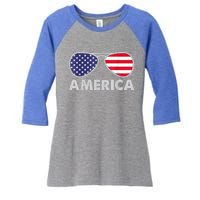 America Independence Day Funny Glasses Flag Women's Tri-Blend 3/4-Sleeve Raglan Shirt