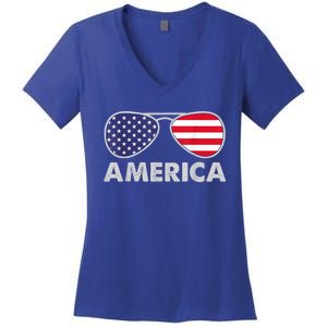 America Independence Day Funny Glasses Flag Women's V-Neck T-Shirt