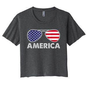 America Independence Day Funny Glasses Flag Women's Crop Top Tee