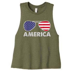 America Independence Day Funny Glasses Flag Women's Racerback Cropped Tank