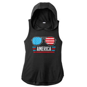 America Independence Day Funny Glasses Flag Ladies PosiCharge Tri-Blend Wicking Draft Hoodie Tank