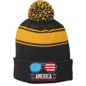 America Independence Day Funny Glasses Flag Stripe Pom Pom Beanie