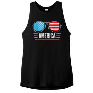 America Independence Day Funny Glasses Flag Ladies PosiCharge Tri-Blend Wicking Tank