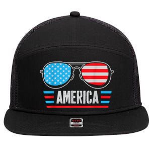 America Independence Day Funny Glasses Flag 7 Panel Mesh Trucker Snapback Hat