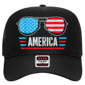 America Independence Day Funny Glasses Flag High Crown Mesh Back Trucker Hat