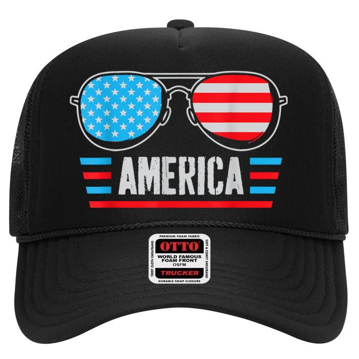 America Independence Day Funny Glasses Flag High Crown Mesh Back Trucker Hat