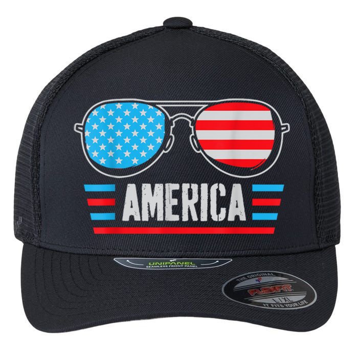 America Independence Day Funny Glasses Flag Flexfit Unipanel Trucker Cap