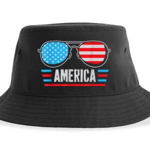 America Independence Day Funny Glasses Flag Sustainable Bucket Hat