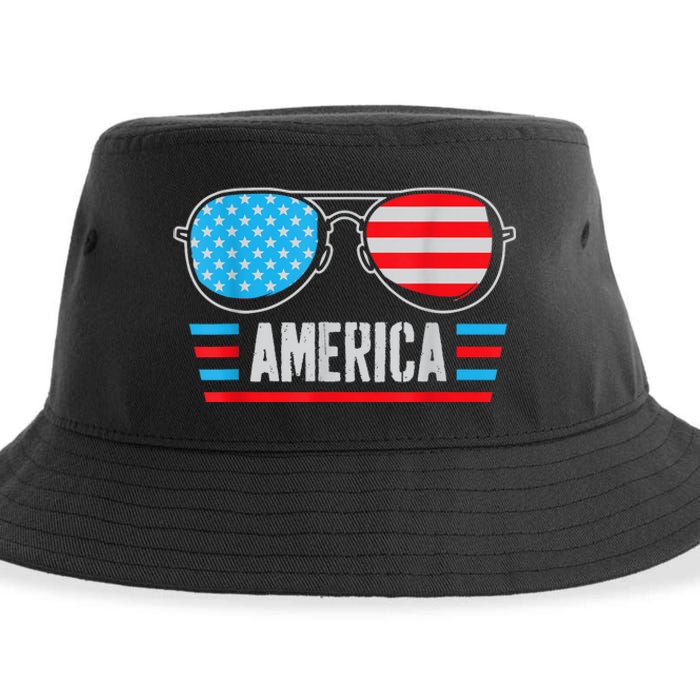 America Independence Day Funny Glasses Flag Sustainable Bucket Hat