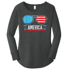 America Independence Day Funny Glasses Flag Women's Perfect Tri Tunic Long Sleeve Shirt