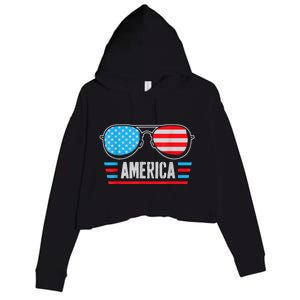 America Independence Day Funny Glasses Flag Crop Fleece Hoodie