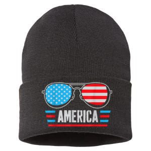 America Independence Day Funny Glasses Flag Sustainable Knit Beanie