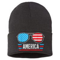 America Independence Day Funny Glasses Flag Sustainable Knit Beanie