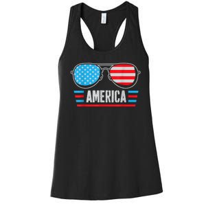 America Independence Day Funny Glasses Flag Women's Racerback Tank