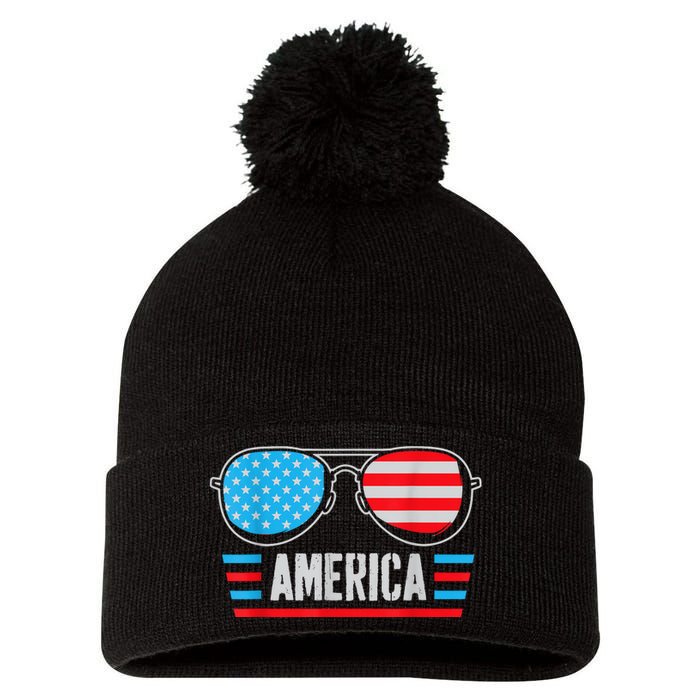 America Independence Day Funny Glasses Flag Pom Pom 12in Knit Beanie