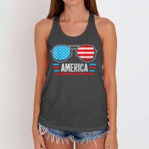 America Independence Day Funny Glasses Flag Women's Knotted Racerback Tank