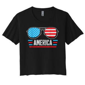 America Independence Day Funny Glasses Flag Women's Crop Top Tee