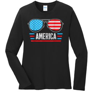 America Independence Day Funny Glasses Flag Ladies Long Sleeve Shirt