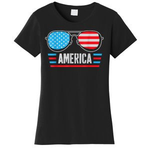 America Independence Day Funny Glasses Flag Women's T-Shirt