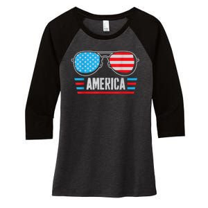 America Independence Day Funny Glasses Flag Women's Tri-Blend 3/4-Sleeve Raglan Shirt