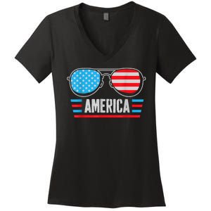 America Independence Day Funny Glasses Flag Women's V-Neck T-Shirt