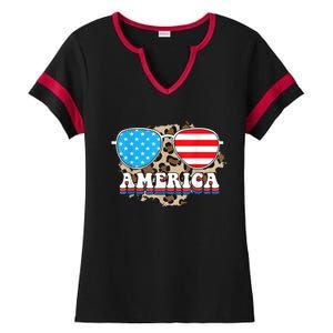 America Independence Day Funny Glasses Flag Ladies Halftime Notch Neck Tee