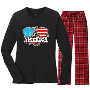 America Independence Day Funny Glasses Flag Women's Long Sleeve Flannel Pajama Set 