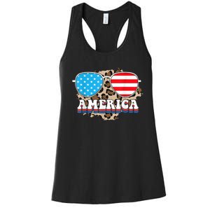 America Independence Day Funny Glasses Flag Women's Racerback Tank