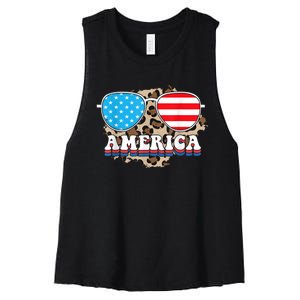 America Independence Day Funny Glasses Flag Women's Racerback Cropped Tank