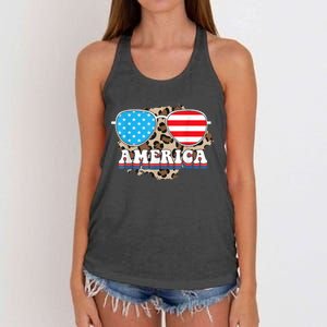 America Independence Day Funny Glasses Flag Women's Knotted Racerback Tank