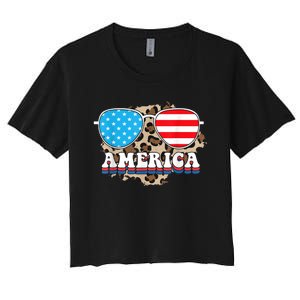 America Independence Day Funny Glasses Flag Women's Crop Top Tee