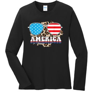 America Independence Day Funny Glasses Flag Ladies Long Sleeve Shirt