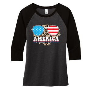 America Independence Day Funny Glasses Flag Women's Tri-Blend 3/4-Sleeve Raglan Shirt