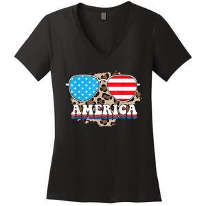 America Independence Day Funny Glasses Flag Women's V-Neck T-Shirt