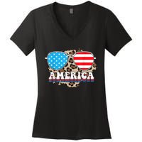 America Independence Day Funny Glasses Flag Women's V-Neck T-Shirt