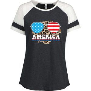 America Independence Day Funny Glasses Flag Enza Ladies Jersey Colorblock Tee