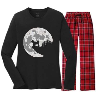 Akita Inu Dog Lover Moon Funny Halloween Women's Long Sleeve Flannel Pajama Set 