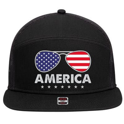 America Independence Day Funny Glasses Flag 7 Panel Mesh Trucker Snapback Hat