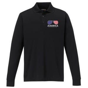 America Independence Day Funny Glasses Flag Performance Long Sleeve Polo