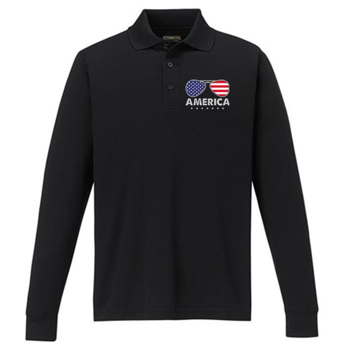 America Independence Day Funny Glasses Flag Performance Long Sleeve Polo