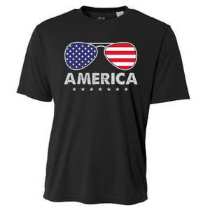 America Independence Day Funny Glasses Flag Cooling Performance Crew T-Shirt